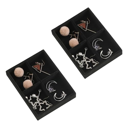 Frebeauty Small Jewelry Trays for Drawer,2 Pack 4 Grid Earring Organizer | Jewelry Display for Rings Stud,Jewelry Box Inserts,Drawer Inserts,Adjustable Dividers,Earring Organizer,Stackable,Mini Size - color: Black, size: 4 Grids Set 2