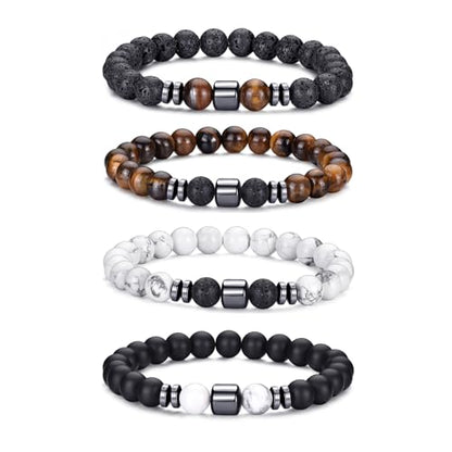 RANKEEF Tiger Eye Bracelet For Men 8MM Natural Stone Stretch Adjustable Black Crystal Beaded Bracelet for Men Women Gifts - color: 4,lava rock,tiger eye,white,black bracelet