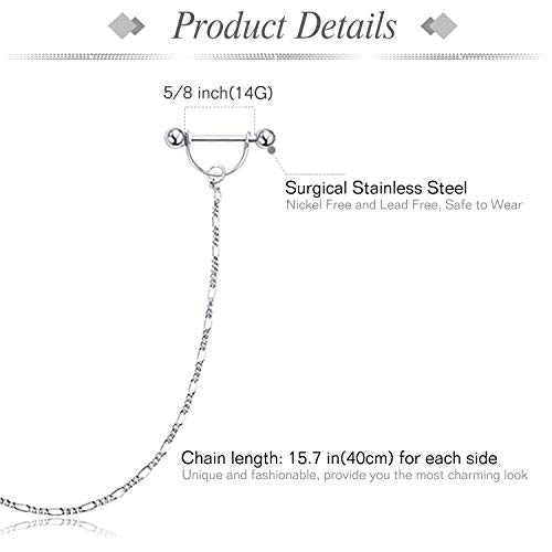 Nipple Ring with Choker Necklaces Stainless Steel Nipple Rings Chain Heart Cat Head Punk Chokers for Women Nipple Barbell Piercing Jewelry - color: Silver-Heart Style