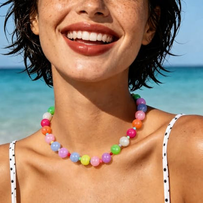 Colorful Chunky Beaded Necklaces for Women Multicolor Large Round Resin Beads Collar Necklace Boho Trendy Statement Chokers Y2K Summer Beach Jewelry - color: Candy Rainbow