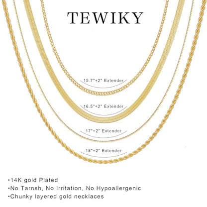 Tewiky Layered Necklaces for Women 14k Gold Plated Chain Necklace Set | Chunky Herringbone/Snake/Rope/Box/Cuban Link Chain for Women, Layering Stack Choker Necklace, Dainty Jewelry Set Non Tarnish - color: 4 Layered Necklace Gold