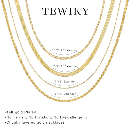 Tewiky Layered Necklaces for Women 14k Gold Plated Chain Necklace Set | Chunky Herringbone/Snake/Rope/Box/Cuban Link Chain for Women, Layering Stack Choker Necklace, Dainty Jewelry Set Non Tarnish - color: 4 Layered Necklace Gold