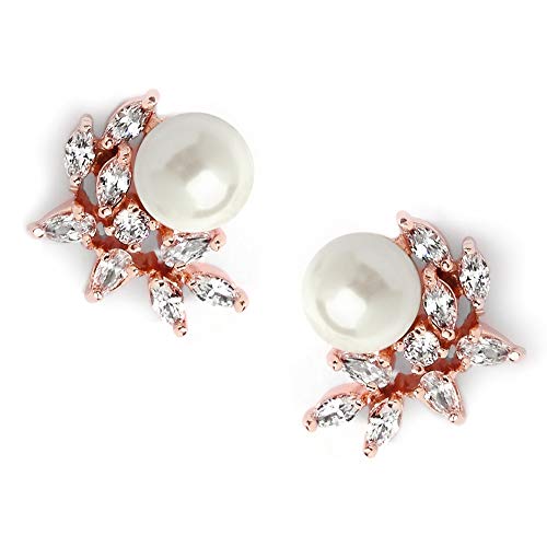 Mariell Pearl & Marquise CZ Crystal Wedding Earrings for Bride, Bridesmaids & Mother of the Bride - color: Rose Gold