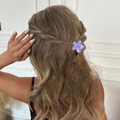 Flower Hair Clips for Women Girls Claw Clips Set Blue-Purple Plumeria with Marble Design Barrettes Summer Hair Clip Fashion Hair Styling Accessories for Thick Thin Hair(3Pcs:1 Large 2 Small) - color: Blue-Purple