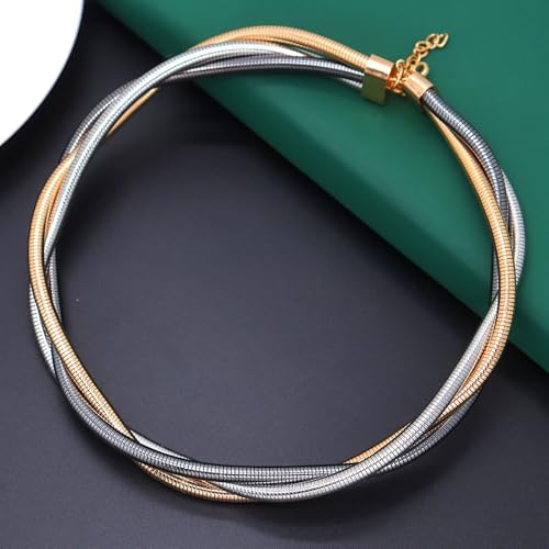 Chunky Gold Statement Choker Neckalce for Women Layered Snakebone Chain Collar Necklace Twist Wrap Stainless Steel Choker Punk Aesthetic Jewelry Gifts - color: Gold Silver