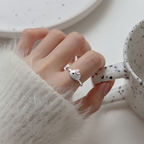 Rabbit Bridal Rings for Lady Opening Adjustable Sapphire Engagement Rings Minimalist Cute Proposal Rings (Silver, One Size)