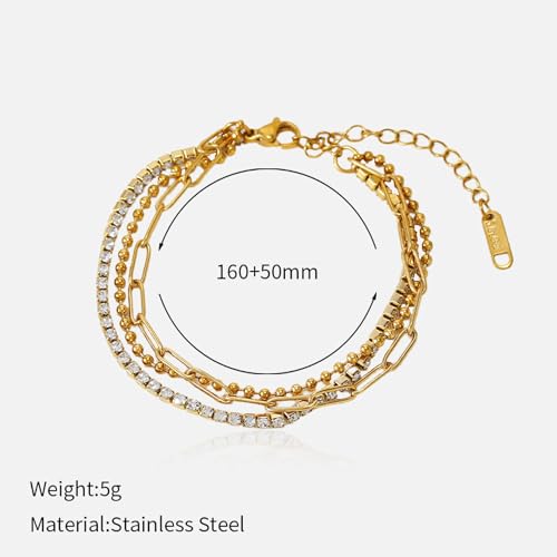 CTRLZTEAM 14K 18K Gold Plated Layered Bracelets for Women Stacked Bracelet | 14K 18K gold plated multi layer bracelets combine distinct chains with single clasp for instant pre-stacked style - style: Integrated 3-in-1 Layered Set