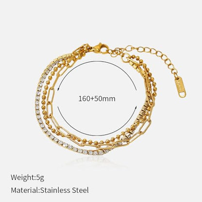 CTRLZTEAM 14K 18K Gold Plated Layered Bracelets for Women Stacked Bracelet | 14K 18K gold plated multi layer bracelets combine distinct chains with single clasp for instant pre-stacked style - style: Integrated 3-in-1 Layered Set