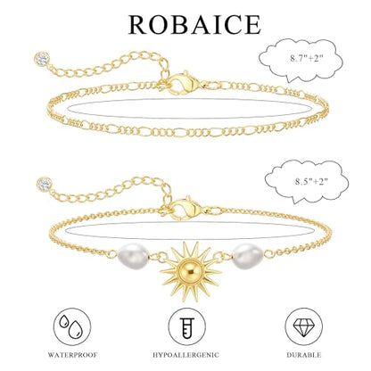 Robaice Anklets for Women, 14K Gold Plated Layered Ankle Bracelets | Waterproof Figaro Link Pearl Anklet, Ankle Bracelets for Women Stackable, Summer Beach Jewelry Gifts Non Tarnish - style: Gold Sun Anklet