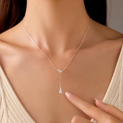 925 Sterling Silver Lariat Necklace for Women | Long 14K Gold Plated Y-Shaped Pearl Necklace CZ Crystal Ball Sparkle Necklace for Mother Daughter Bride Wedding Jewelry - color: Style 2-Sliver