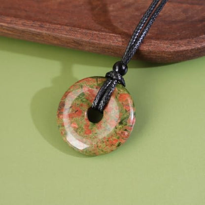 FANASY Natural Gemstone Pendant Necklce Lucky Coin Crystal Necklace Protection Donut Pendnat with Adjustable Rope for Men Women - color: Unakite