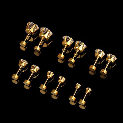 VOLUKA Cubic Zirconia Stainless Steel Screw Flat Back Earring - Hypoallergenic Stud Earrings for Women & Men - 316L Titanium CZ Stud Earrings for Nickel-Free, Trendy & Elegant - color: 6 Pairs- 3-8mm Flat Back-Gold