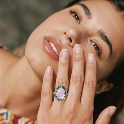 Retro Sterling Silver Stone Ring,Antique Natural Real Oval Crystal Quartz Gemstone Boho Bohemian Ring Jewelry for Women - color: A11_Rose Quartz