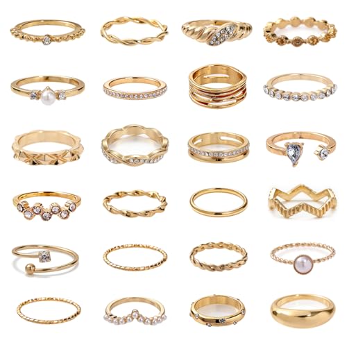 42-Piece Gold Tone Stackable Ring Set for Women, Boho Minimalist Stacking Rings with Crystal & Heart Accents, Adjustable Open Band Jewelry for Daily Wear - style: TZJ-003353-01