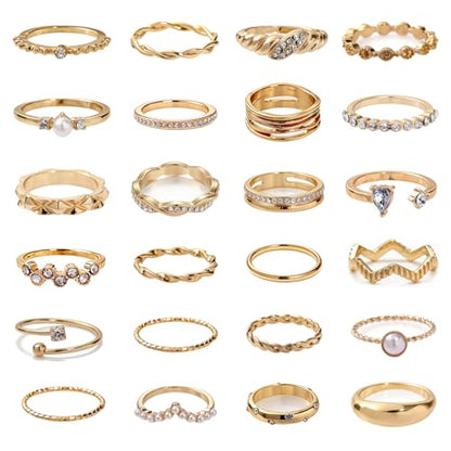 42-Piece Gold Tone Stackable Ring Set for Women, Boho Minimalist Stacking Rings with Crystal & Heart Accents, Adjustable Open Band Jewelry for Daily Wear - style: TZJ-003353-01