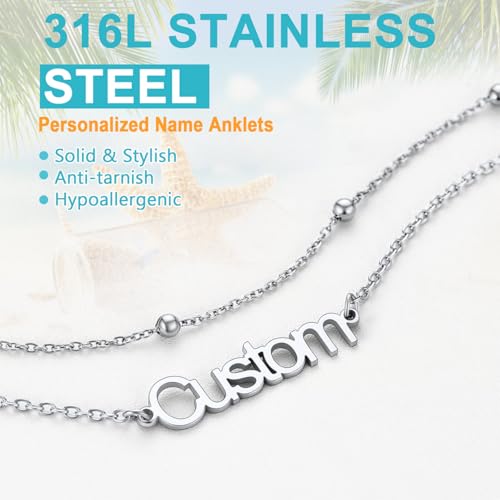 U7 Custom Layered Ankle Bracelets for Women Stainless Steel Bead/Cuban/Figaro/Rope/Wheat Chain Anklet Waterproof Anklet Jewelry for Beach Vacation - color: b-Silver-Bead Chain