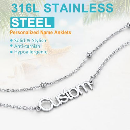 U7 Custom Layered Ankle Bracelets for Women Stainless Steel Bead/Cuban/Figaro/Rope/Wheat Chain Anklet Waterproof Anklet Jewelry for Beach Vacation - color: b-Silver-Bead Chain