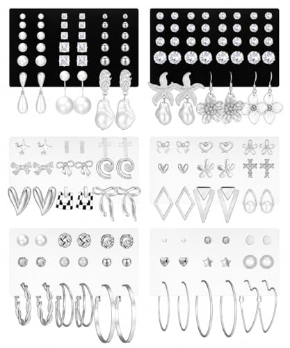 84 Pairs Gold Stud Earrings Set for Women Multipack, Fashion Pearl Cubic Zirconia Butterfly Earrings Packs Piercings, Hypoallergenic Stud Hoops Earrings for Gift - color: Style10-silver