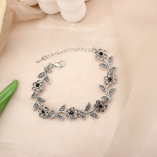 Flower Leaf Crystal Pendant Necklace Dangle Earrings Link Bracelet Bride Bridesmaid Jewelry Sets for Women Wedding Party - color: Black Diamond-Platinum Plated