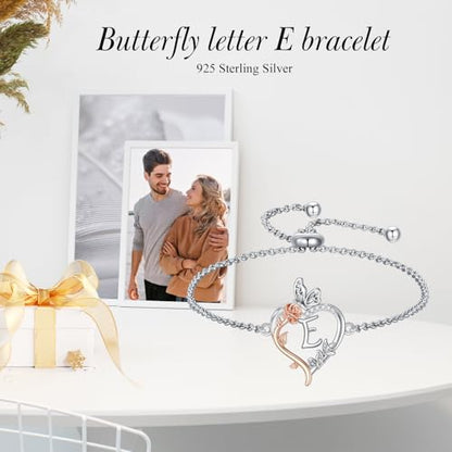 TOUPOP Gifts for Women Rose Heart Initial Bracelet 925 Sterling Silver Butterfly Letter Link Bracelet Love Jewelry Anniversary Birthday Gifts for Wife Girlfriend Mom Her - style: Initial E