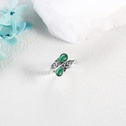 Ring for Women Sterling Silver Adjustable Band Open Rings Jewelry Gifts for Girls - style: Malachite