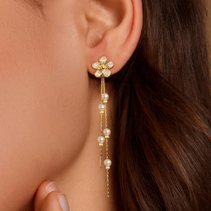 Pearl Earrings for Women 14k Gold/Silver Pearl Drop Earrings Long White Pearl Tassel Dangle Statement Earrings Bridal Wedding Dainty Prom Earrings Birthday Gifts Jewelry - color: Gold Flower Pearl Drop Earrings