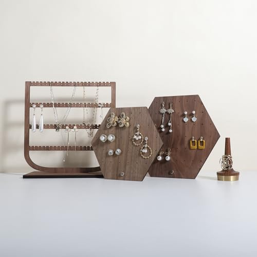 Hexagonal Earring Organizer stand, Walnut Plywood Jewelry Display Board for Hanging earring studs, Perfect for Storing and Showcasing Your Jewelry Collection【Set of Two Size】