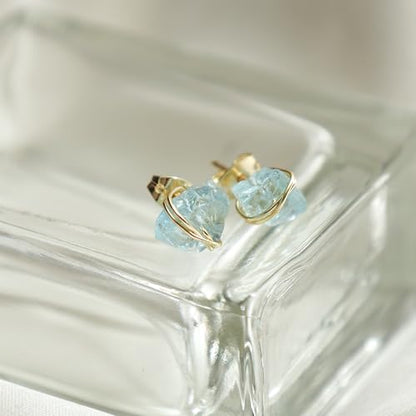 Gempires Wire Wrapped Raw Gemstone Stud Earrings for Women, Birthstone | Handmade wire-wrapped raw gemstone stud earrings — choose from stones and birthstones, artisan raw crystals on gold. - style: Aquamarine