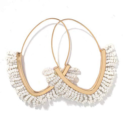 V-Shaped Beaded Dangle Earrings - Statement Drop Fringe Earrings, Boho Handmade Tassel Jewelry Gift for Women - color: White