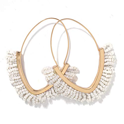 V-Shaped Beaded Dangle Earrings - Statement Drop Fringe Earrings, Boho Handmade Tassel Jewelry Gift for Women - color: White