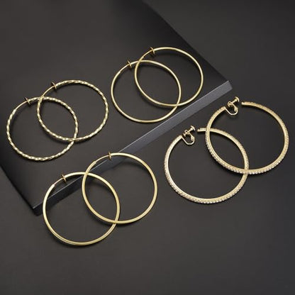4 Pairs Clip on Hoop Earrings for Women CZ Twist Fake Hoop Earring Sets Spring Hoops for Non Pierced Ears Gold Tone 30/40/50/60/70mm - size: 60/70mm