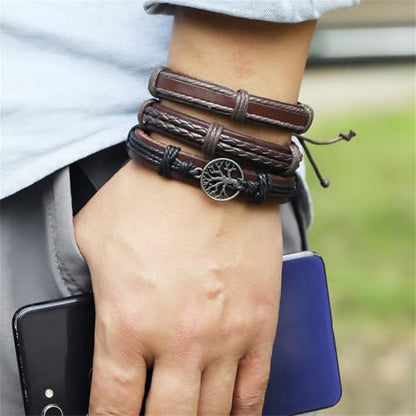 Leather Cuff Bracelet for Men Women, Multilayer Braided Wristband, Adjustable 6.5-9.5 Inches Wrap Bracelets Punk Gothic Grunge - color: Life Tree - 6Pcs