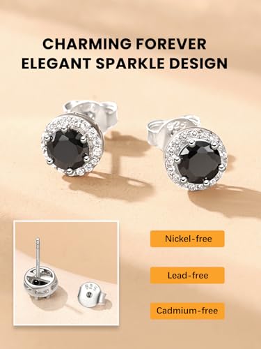 Bestyle Sparkling 925 Sterling Silver Birthstone Stud Earrings for Women, Heart/Round/Teardrop/Square Solitaire Diamond Studs Earrings, Great Birthday/Christmas Gifts - style: 00. Black Onyx-round