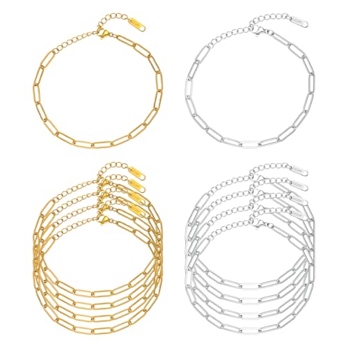Swyabi 10 PCS Gold Silver Paperclip Bracelet Chains Bulk for Jewelry Making | 18K Stainless Steel, with Extender, No Fade, No Rust, Adjustable, for Men Women DIY, 6.5 Inch - color: 4x12mm Gold Silver