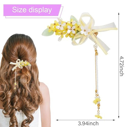 A Pair Wedding Hair Clips, Handmade Floral Design Crystal Hair Clips Pearl Barrettes, Rhinestones Flower Clips Pearl Headpieces Hair Pins Hair Accessories for Women Girls (Yellow&White) - color: Yellow&White