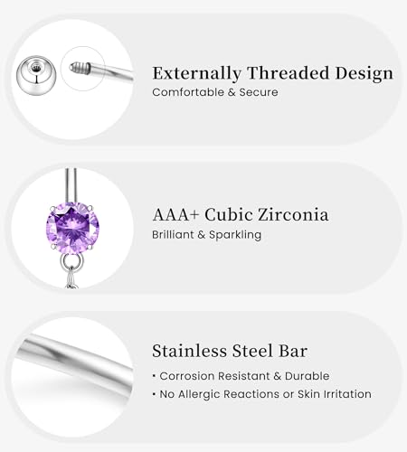 BSJ4U Belly Button Ring Dangle Navel Belly Piercing Jewelry Cute Pink CZ Heart Butterfly Bow Flower Navel Belly Rings for Women 14G Silver Stainless Steel Dainty Dangly Dangling Belly Button Piercing - color: Purple CZ Belly Button Rings