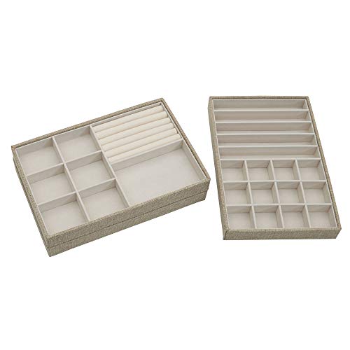 Household Essentials Stackable Jewelry Trays, 3 Varieties, Space for Necklaces, Rings and Earrings, Blended Canvas with Felt Interior, Perfect for Drawers and Closet Shelves, Latte - color: Latte