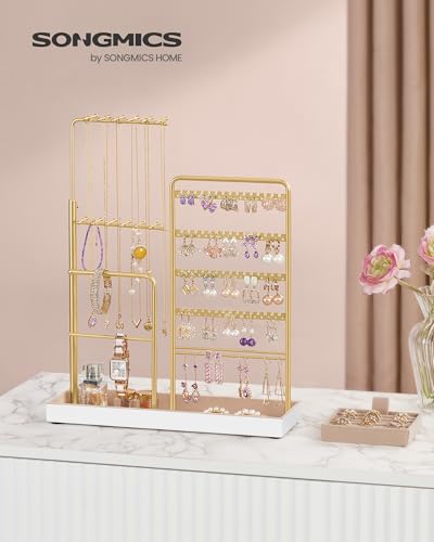 SONGMICS Jewelry Holder, Metal Frame, Velvet Tray, Pale Gold | Jewelry Storage Organizer Stand with Metal Frame, 12.1 to 18.7 Inches Tall Height Adjustable Necklace Holder for Rings - color: Pale Gold