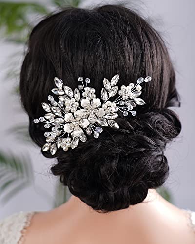 Kercisbeauty Wedding Bridal Silver Hair Comb Crystal Flower Hair Piece for Women Girls Banquet Jewelry (Silver) - color: Silver