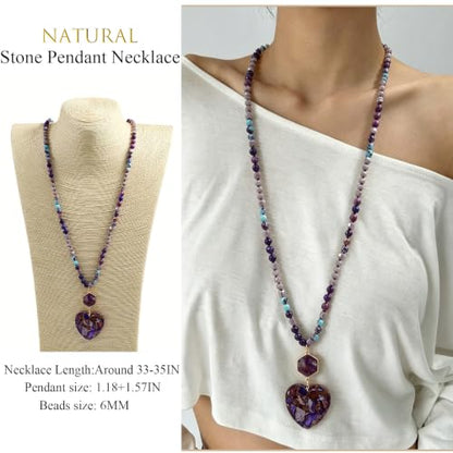 Yomisa Long Necklaces for Women Trendy, 33/34/35 inch | Boho Beaded Necklaces for Women, Natural Stone Pendant, Handmade Knotted Bead, Bohemian Holiday Summer Western Charm Jewelry - color: Love-Purple