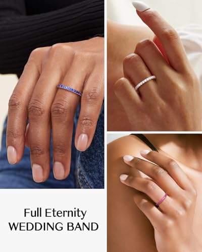 DAYBYDAY Sapphire/Emerald/Ruby Full Eternity Band Rings for Women, 2.4mm Thin Birthstone Stackable Rings, 925 Sterling Silver/14K Gold Plated Gemstone Wedding Band Anniversary Ring Size 6 to 10 - color: 09. Blue Sapphire, September