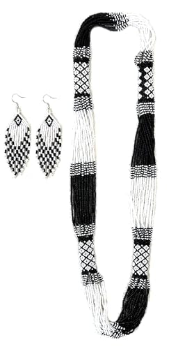 Layered – Boho Native American Style Layered Beaded Necklace– Ukrainian beaded Necklace Native Handmade Seed Bead Necklace Tribal ethnic beaded Necklace for Women (Tuquoise) - color: White , Black