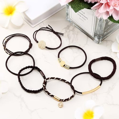 8 PCS Hair Ties Bracelets in 8 Styles, Boho Hair Ties for Thick & Thin Hair, Cute Stretch Bracelets, Dark Coffee Colors Braided Hair Ties for Ponytail Holders, No Damage Elastics - color: K-Boho