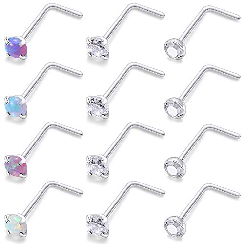 Cisyozi 18G 20G 22G Nose Rings Studs Surgical Steel Nose Stud Set 1.5mm 2mm 2.5mm 3mm Diamond Cubic Zirconia Opal Screw L Shaped Straight Nose Piercing Jewelry for Women Men - color: A:22G-L Shaped -1.5mm