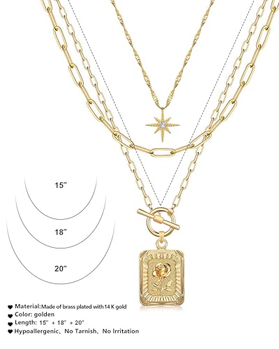 MJartoria Layered Necklaces for Women, 14K Gold Plated Brass | Star Choker, Square Birth Flower, Paperclip Chain, Trendy - color: Gold, style: Z06-Rose