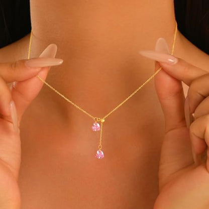 925 Sterling Silver Dainty Cubic Zirconia Lariat Heart Necklace for Women | 14k Gold Plated Cute Pink Crystal Love Heart Pendant Necklaces Adjustable Diamond Y Shaped Drop Chain Necklace Jewelry Gift - color: Gold