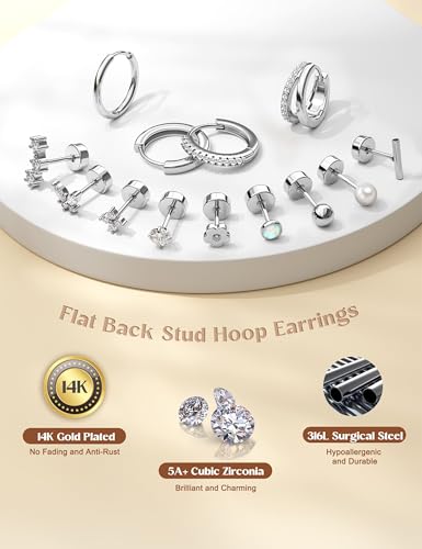 BESTEEL Hypoallergenic Flat Back Earrings - 14K Gold Plated Cartilage Earring Sets 20G Surgical Stainless Steel Earrings for Women Small Hoop Flatback Stud Earring Stacks Helix Conch Tragus Piercing Jewelry - color: Silver Plated