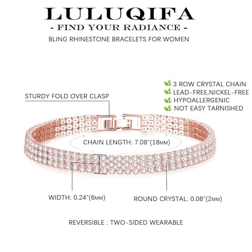 Gold Tennis Bracelets for Women 3-Row Rhinestone Stackable Bangle Bling Zirconia Crystal Silver Chain Dainty Cuff Flexible Fashion Jewelry for Wife Anniversary Mom Her Birthday Gifts - color: Rose gold