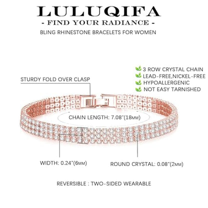 Gold Tennis Bracelets for Women 3-Row Rhinestone Stackable Bangle Bling Zirconia Crystal Silver Chain Dainty Cuff Flexible Fashion Jewelry for Wife Anniversary Mom Her Birthday Gifts - color: Rose gold