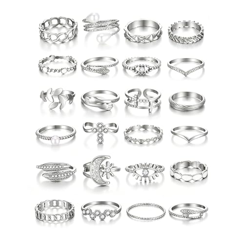 Golden Knuckle Rings Set for Women, 14k Golden Plated Open Stacking Knuckle Midi Rings Dainty Cubic Zirconia Crystal Simple Hollow Cute Rings Pack Jewelry Gifte - color: Silvery 23PCS